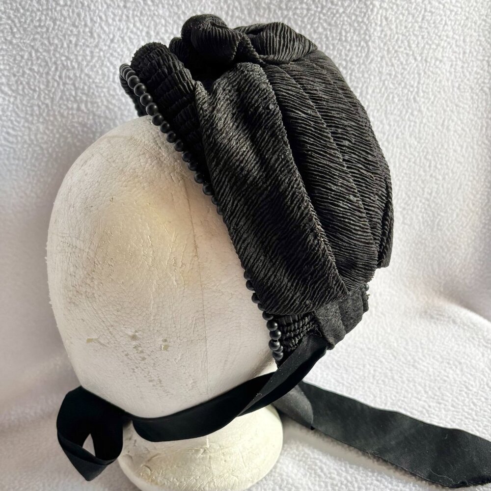 Antique Victorian Black Crepe Beaded Ruched Bonnet - Picture 8 of 15